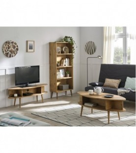 Conjunto salón - mueble tv + mesa centro ovalada + estantería. Diseño vintage, acabado madera maciza natural encerado