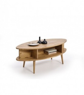 Conjunto salón - mueble tv + mesa centro ovalada + estantería. Diseño vintage, acabado madera maciza natural encerado