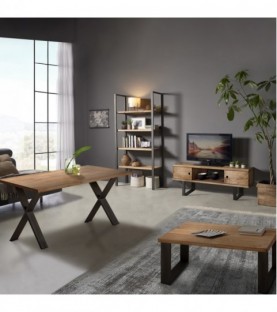 Conjunto madera: Mesa Centro U + Mueble Tv Max + Mesa X + Estantería 80