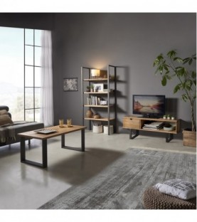 Conjunto madera: Mesa Centro U + Mueble Tv Angi + Estantería 80