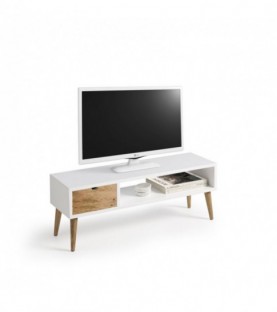 Conjunto madera: Mesa elevable cajón deslizante + Mueble Tv Pino + Consola blanco
