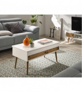 Conjunto madera: Mesa elevable cajón deslizante + Mueble Tv Pino + Consola blanco