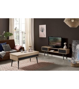 Conjunto madera: Deslizante chapa Roble-Negro + TV Roble Chapa 140x30 negro