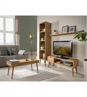 Conjunto madera: Mueble Tv + Estantería + Balda + Mesa centro elevable pino