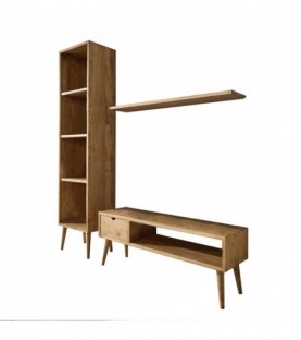 Conjunto madera: Mueble Tv + Estantería + Balda + Mesa centro elevable pino