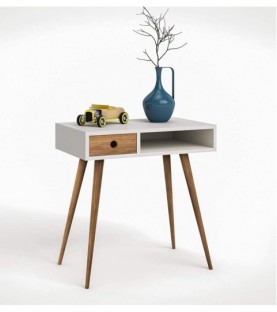 Mueble recibidor consola estilo vintage con cajón. Color blanco y madera natural.