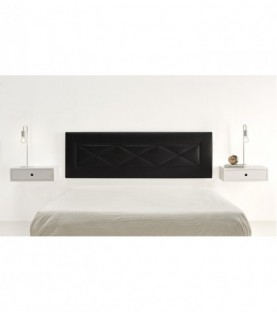 Cabecero tapizado R55 color negro + 2 mesitas flotantes con cajón acabado color blanco.