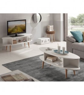 Conjunto salón - Mueble tv + mesa centro salón ovalada diseño vintage con estantes