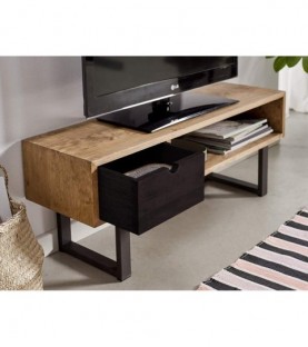 Mueble tv diseño vintage, con un cajón y un estante, madera maciza natural