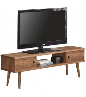 Mesa television diseño vintage, 2 puertas y estante, color blanco combinado con madera natural. Medidas 110 cm x 40 cm x 30 cm