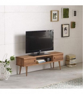 Mesa television diseño vintage, 2 puertas y estante, color blanco combinado con madera natural. Medidas 110 cm x 40 cm x 30 cm