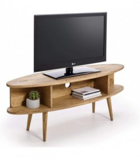 Mueble tv ovalado diseño vintage de madera con estantes y patas