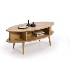 Mesa centro diseño vintage ovalada con estantes de madera...