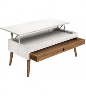 Mesa Centro Elevable Cajón Deslizante Madera Maciza, Pata...
