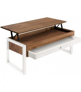 Mesa Centro Elevable Cajón Deslizante Madera Maciza, Pata...