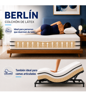 Colchón de Latex Berlin | Eurolatex Ergonómico | Grosor 20 cm | Tejido Strech Transpirable | Antiácaros | Reversible